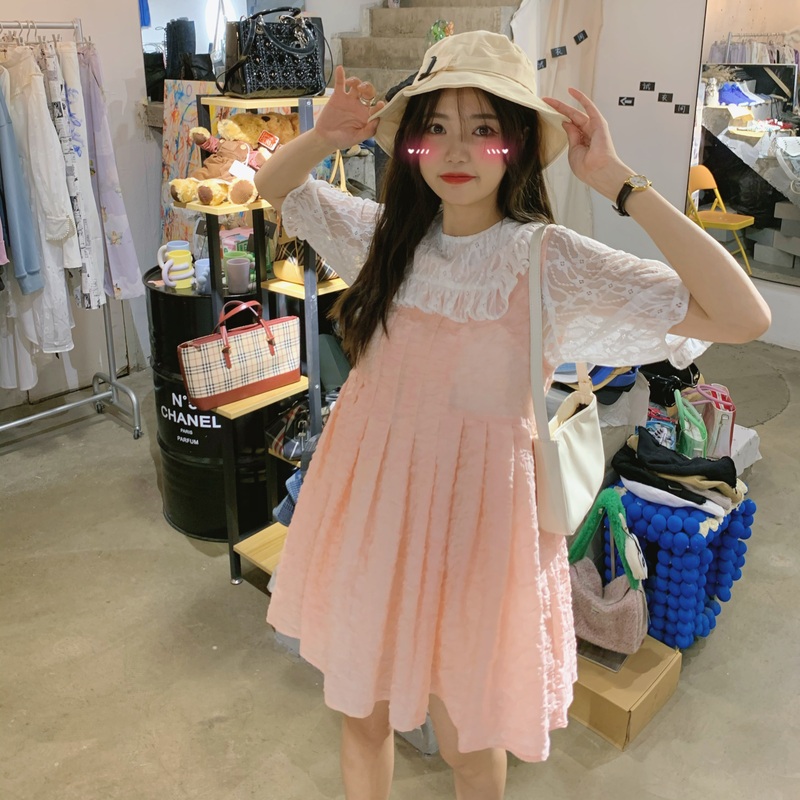 Real shot monitoring meat orange powder romantic travel with skin friendly sweet lace with pink bubble dress