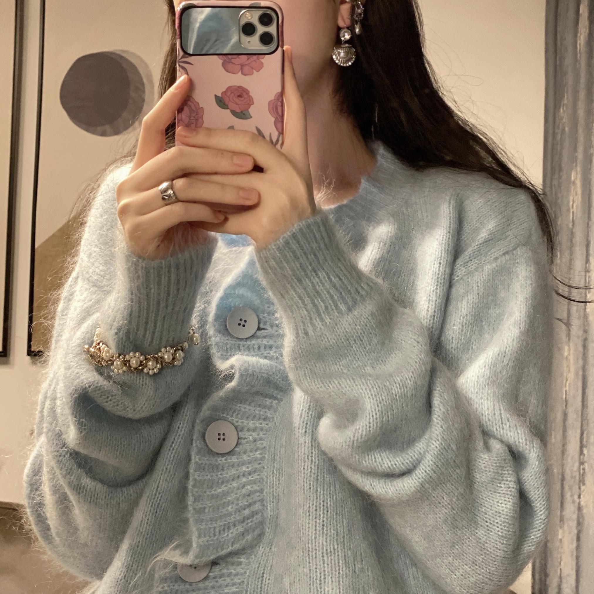 Real shot cashmere warm wave edge sweetheart milk blue sweater cardigan