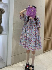 Realistic oil painting tulip lovely soft cute sister retro college bubble sleeve dress