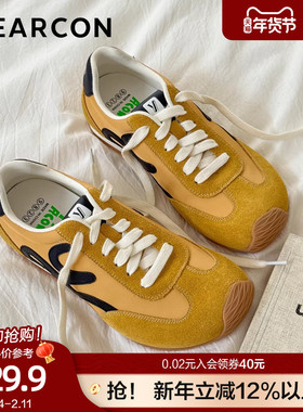 意尔康真皮德训鞋女2025新款秋黄色软底透气阿甘鞋歪头休闲运动鞋
