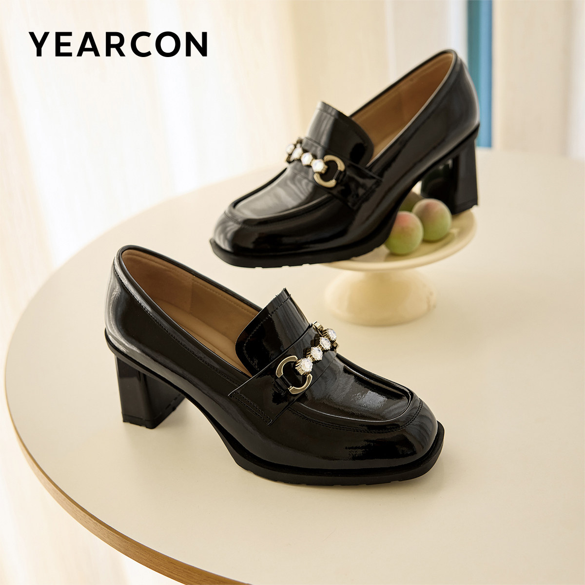 意尔康真皮乐福鞋女2026春季新款水钻粗跟英伦小皮鞋一脚蹬高跟鞋,女鞋,乐福鞋（豆豆鞋）,淘宝优惠券,粉丝福利购,淘宝优惠卷