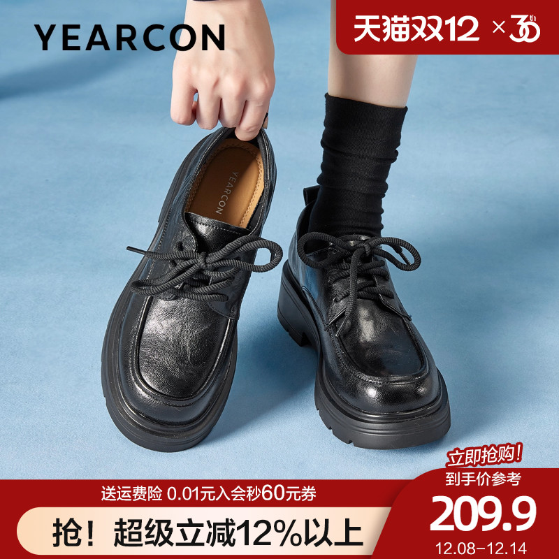 意尔康厚底乐福鞋女2025新款春秋英伦风系带玛丽珍单鞋增高小皮鞋