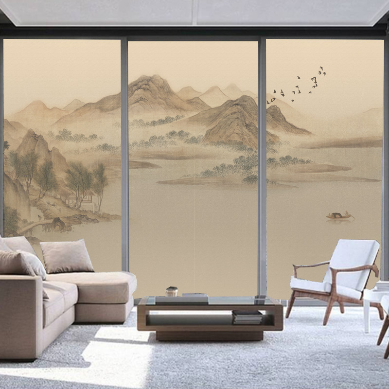 宋式美学静电磨砂玻璃贴膜办公室推拉门中式山水隐私膜透光不透明