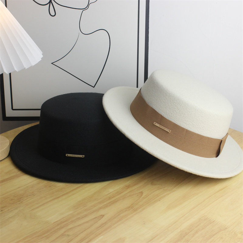 法式高品质平顶毛呢礼帽英伦风帽子女2025春季新款平沿百搭爵士帽