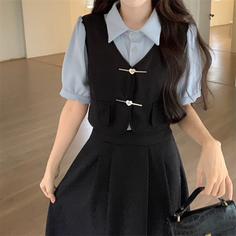 大码女夏季学院风连衣裙假两件套装漂亮裙子微胖短袖教资面试长裙