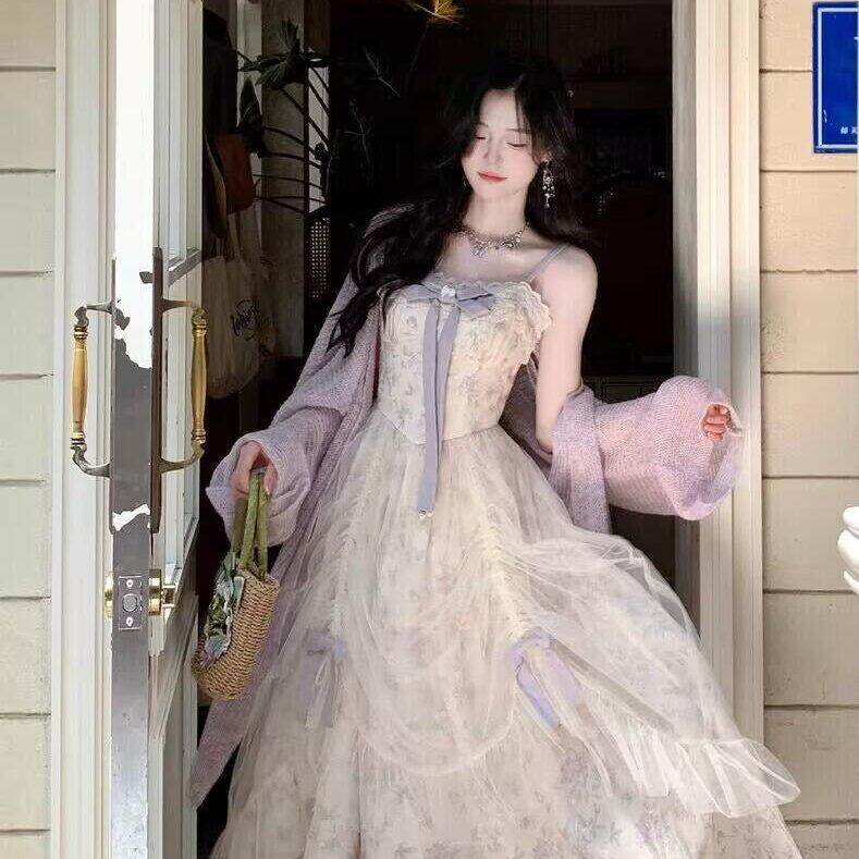 温柔风抽褶网纱碎花吊带洋装女早秋大尺码胖mm毛衣开衫紫色两件套