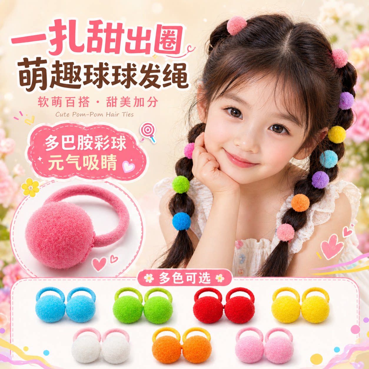 彩色小毛球儿童发圈女童宝宝头花发饰婴儿拇指橡皮筋小啾啾扎发绳
