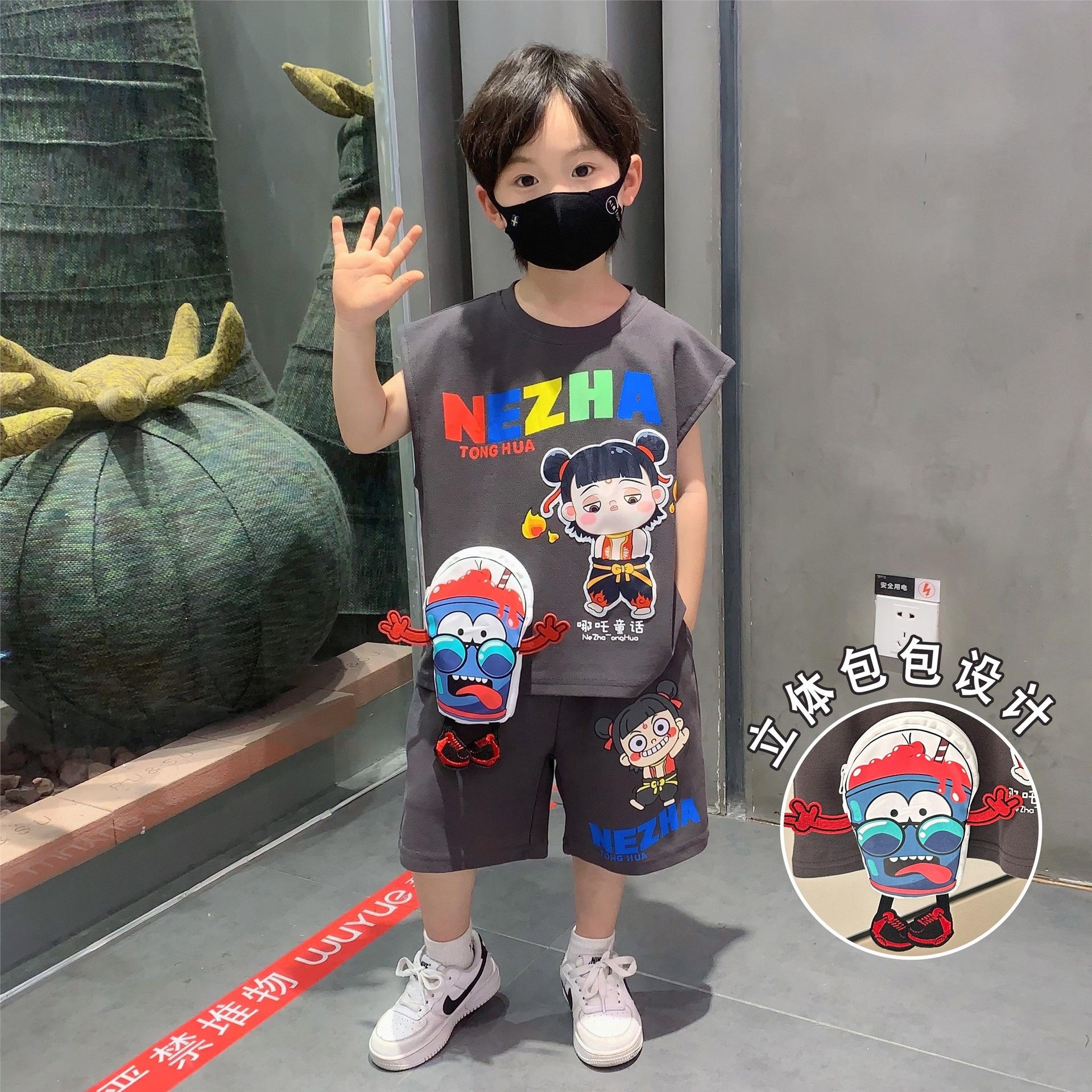 哪吒儿童服装新款男童夏套装男孩薄款背心男宝宝卡通夏装无袖套装