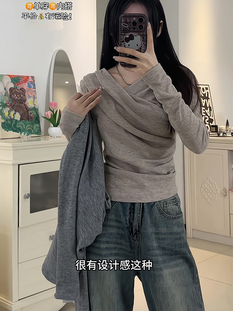 대형 지방 MM 디자인 크로스 V 넥 하이 엔드 긴팔 티셔츠 2024 여성용 새 스타일 플러스 벨벳 내부 바닥 탑