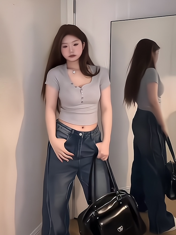 플러스 사이즈 지방 MM 한국 스타일 심플 스타일 여름 한 줄 반팔 티셔츠 여성 꽉 달콤한 핫 소녀 짧은 작물 상단