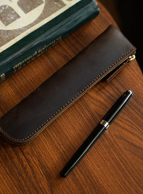 疯马皮笔袋头层牛皮文具袋创意定制复古文具钢笔收纳袋真皮笔盒