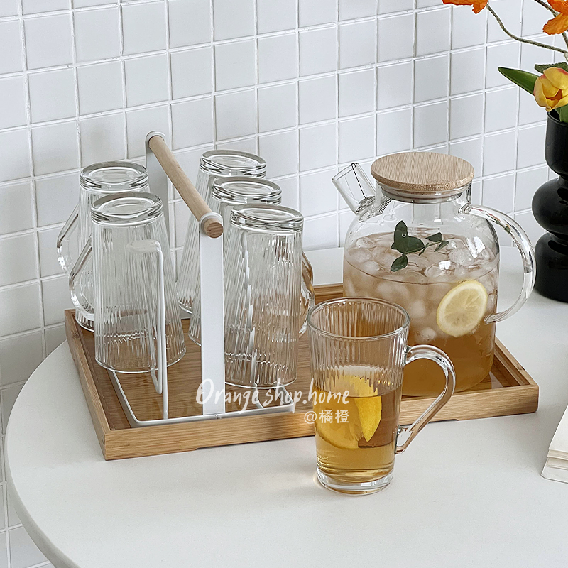 橘橙玻璃日式耐热大容量水杯套装