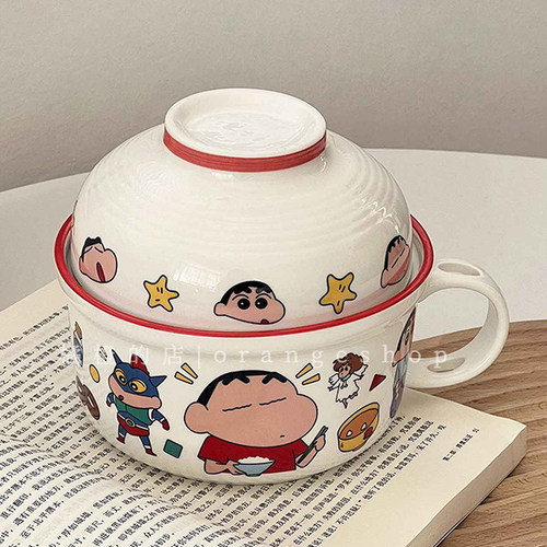 日式卡通干饭小新陶瓷盖碗宿舍