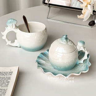 高档精致陶瓷马克杯家用喝水杯子女士高颜值带盖带勺咖啡杯拿铁杯