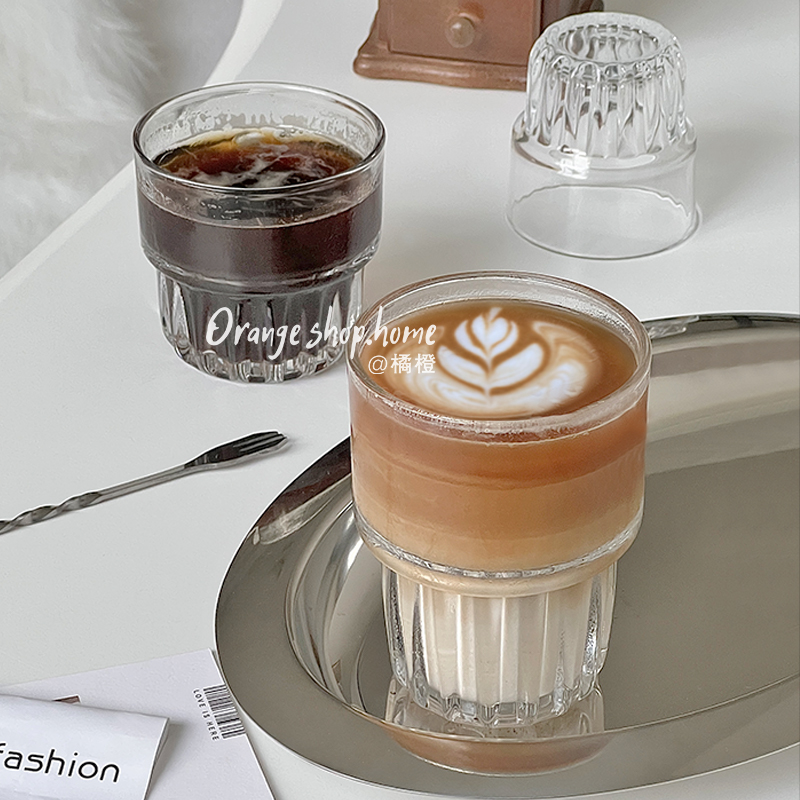 橘橙ins风拿铁咖啡杯冰美式玻璃杯子拉花杯饮料杯果汁杯喝水杯