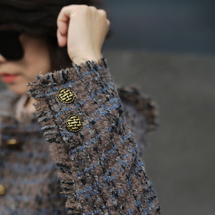 【幽兰】拼接纹样手工撕毛边粗花呢外套圆领简约显瘦小外套女T267