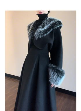 黑色毛领气质冬季秋冬显瘦时尚女士双面羊绒短外套高腰大摆裙套装