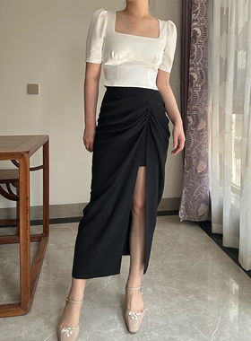 法式设计感小众高腰开叉一片式抽褶包臀直筒长裙显瘦半身裙裤女夏