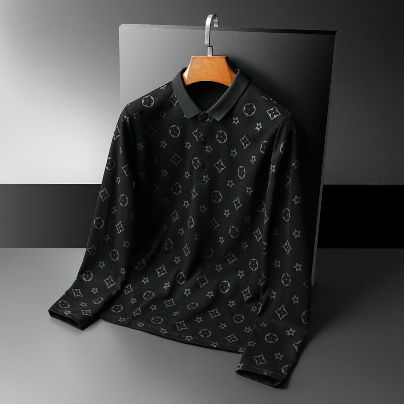 新款春季长袖打底衫男T恤翻领polo衫6016-E2932-P85黑色平铺,男装Polo衫,钱塘6016
