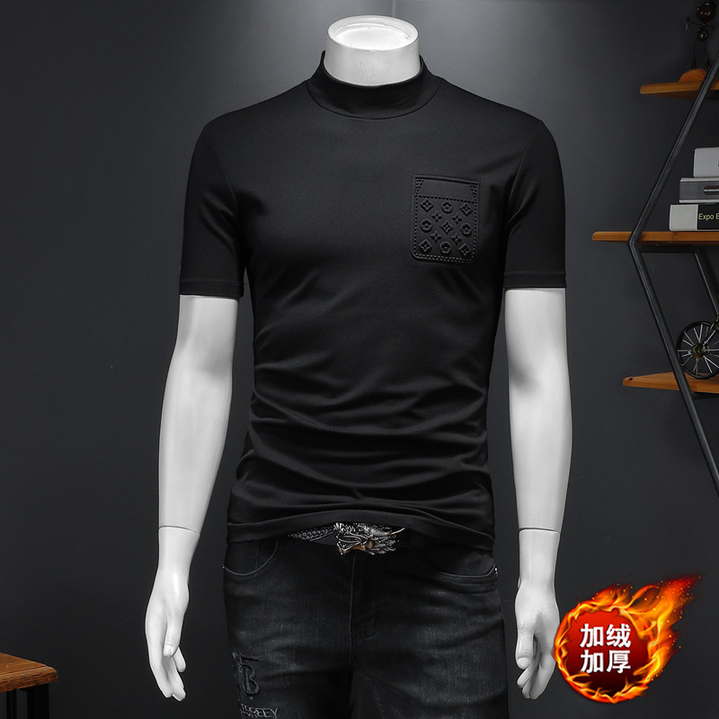 钱塘6016-CC912-P70加绒加厚小高领打底衫短袖T恤男中领黑图片