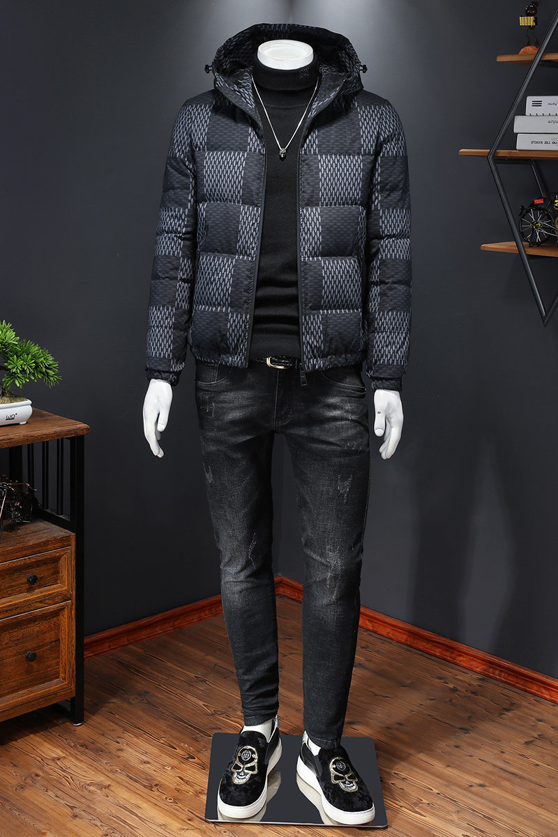 2022连帽羽绒服男冬装格子带帽子90白鸭绒钱塘6016-F5059-P290灰,男装羽绒服,钱塘6016