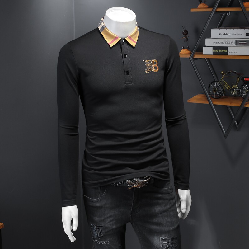 新款春季长袖打底衫男T恤翻领polo衫6016-E2930-P85黑色,男装Polo衫,钱塘6016