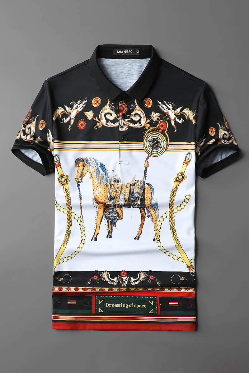 2024新款短袖Polo衫烫钻印花半袖T恤丝光棉钱塘6016-E0340-P70,男装Polo衫,钱塘6016