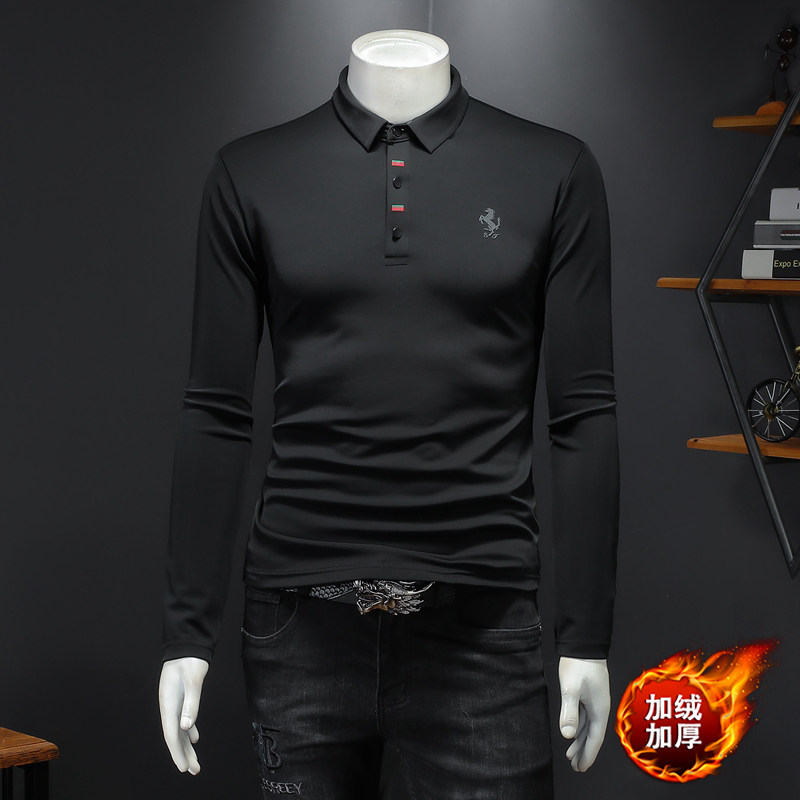 2024新款长袖高端翻领TPolo衫男装大码钱塘6016-CC666P145黑色，男装Polo衫，钱塘6016