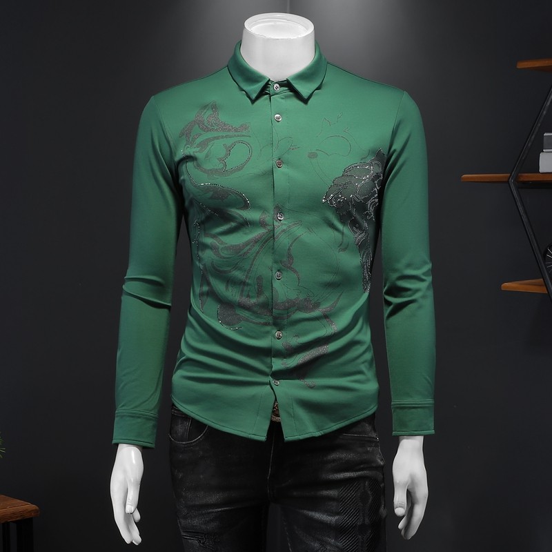2026秋冬男士衬衫长袖衬衣加薄绒印花烫钻大码钱塘6016-S114-P110，男装衬衫，钱塘6016