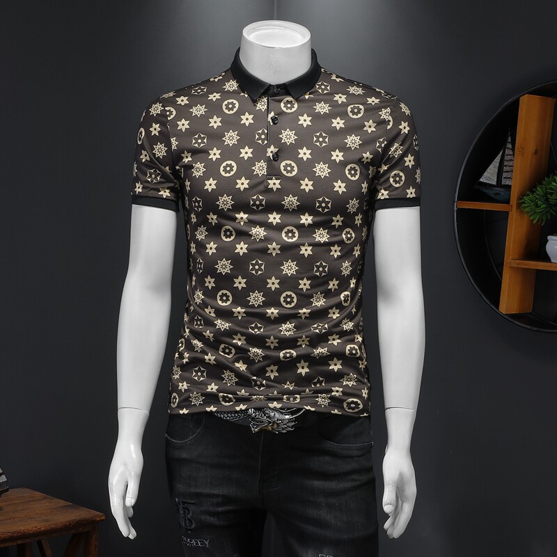 2024新款短袖polo领衫风印花半袖T恤钱塘6016-E0341-P65黑咖，男装Polo衫，钱塘6016