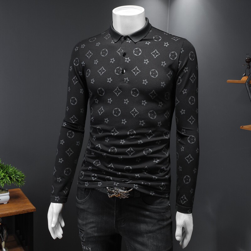 新款春季长袖打底衫男T恤翻领polo衫6016-E2932-P85黑色,男装Polo衫,钱塘6016