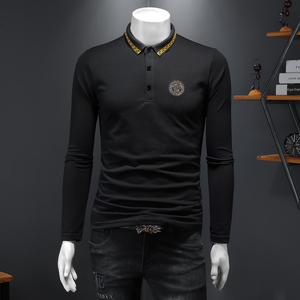 新款春季长袖打底衫男T恤翻领polo衫6016-E2929-P85黑,男装Polo衫,钱塘6016