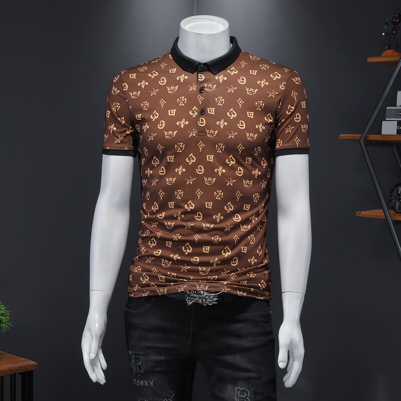 2024新款印花翻领Polo衫钱塘6016-E0338-P65咖色，男装Polo衫，钱塘6016