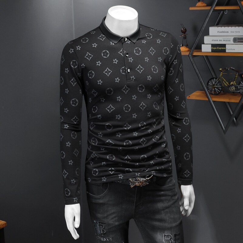 新款春季长袖打底衫男T恤翻领polo衫6016-E2932-P85黑色,男装Polo衫,钱塘6016