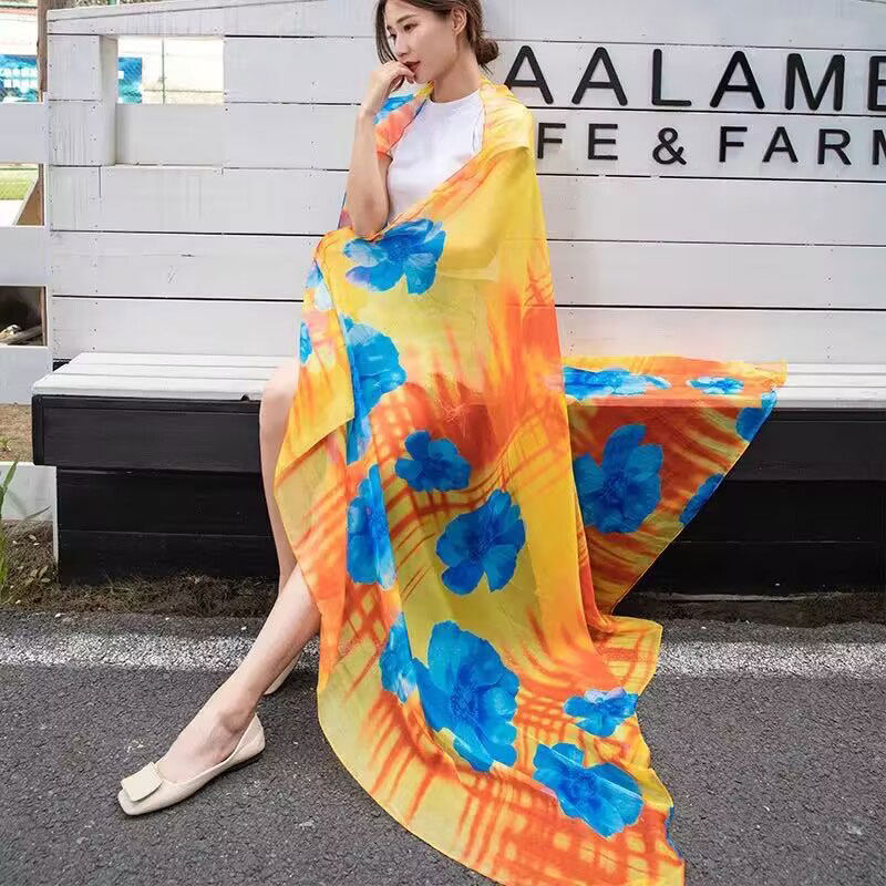 玫红色长款雪纺薄防晒丝巾夏高级感印花时尚洋气百变拍照纱巾超薄