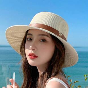 帽子女款2026新款法式平顶草帽夏季白色小礼帽渡假防晒拍照遮阳帽