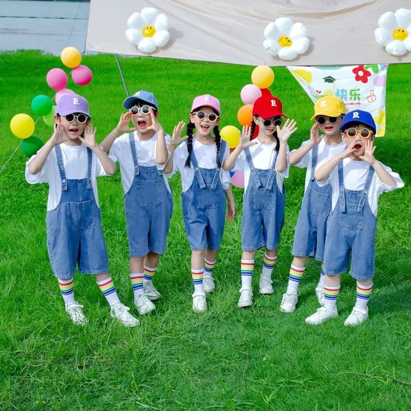 六一儿童演出服幼儿园班服彩色T恤糖果色牛仔背带裤啦啦操拍照套