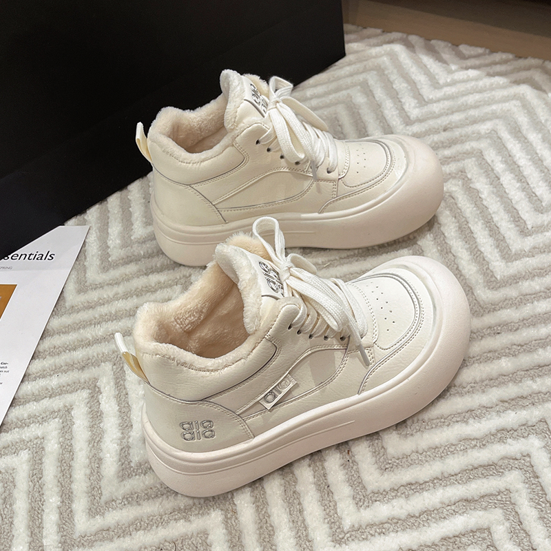 大头丑萌高帮鞋女秋冬季加绒新款巨好看厚底增高小白运动休闲鞋潮