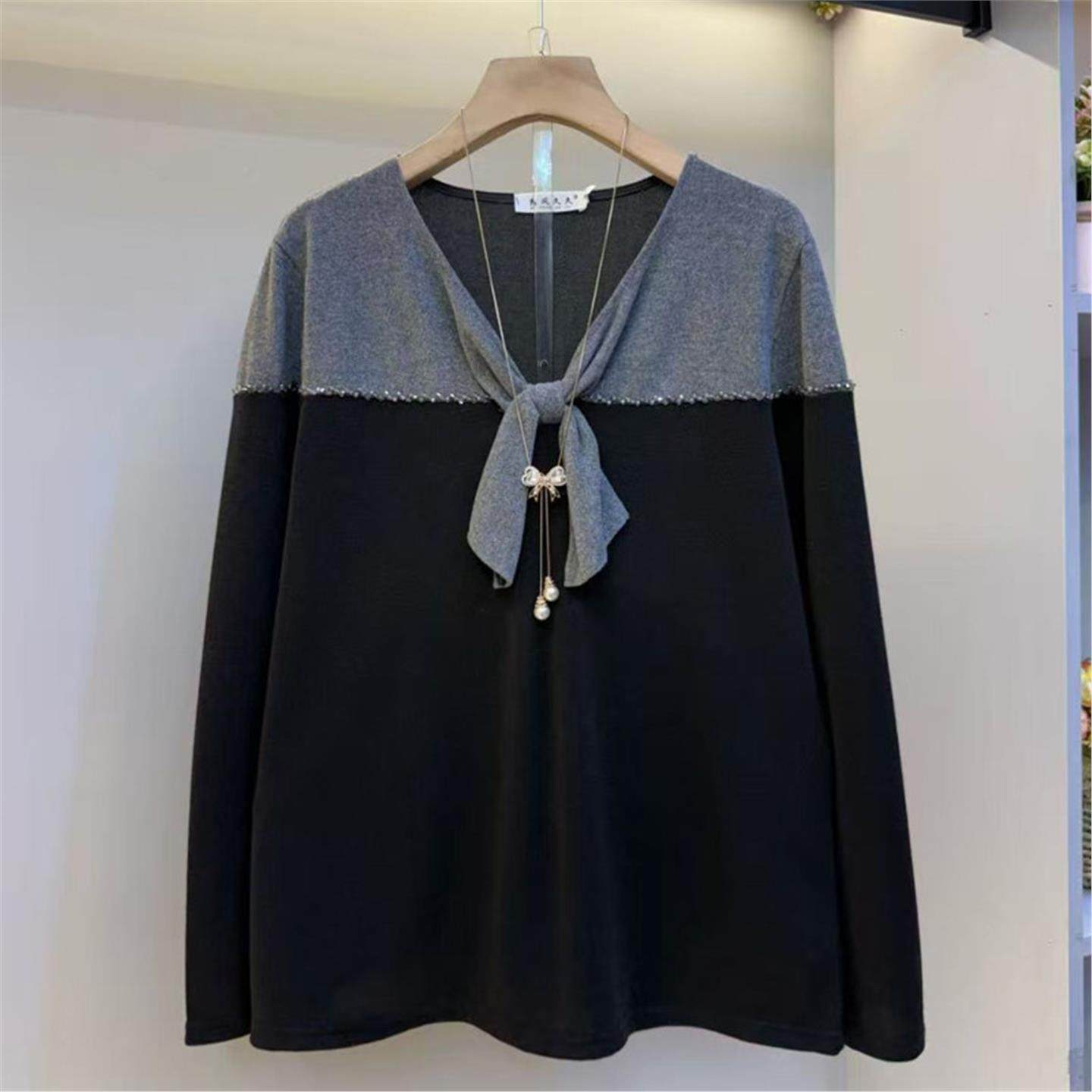 大码女装春季新品时尚气质蝴蝶结V领撞色长袖T恤女显瘦百搭上衣潮,女装/女士精品,大码内搭,淘宝优惠券,粉丝福利购,淘宝优惠卷