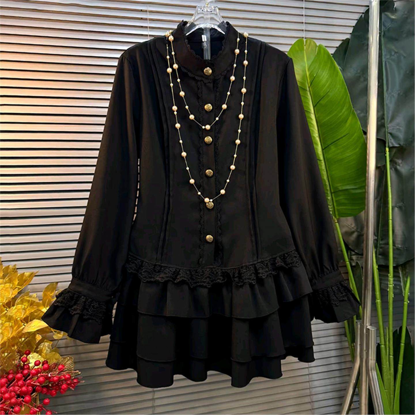 胖妹妹2025冬季新款大码女装立领拼接空花长袖收腰蛋糕中长连衣裙