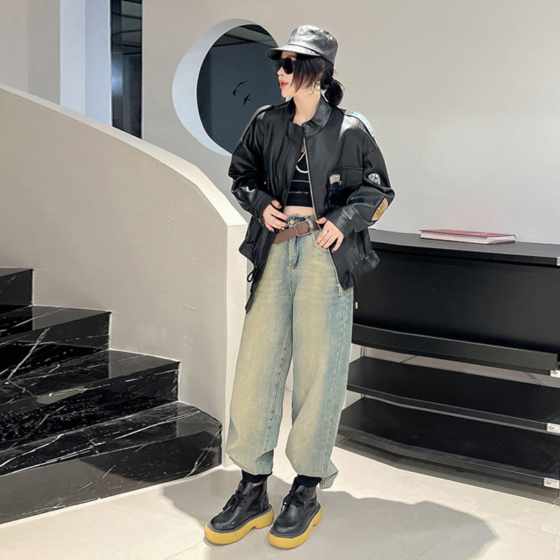 秋季ins街头酷辣皮衣外套女宽松胖MM宽松夹克大码PU皮气质机车服