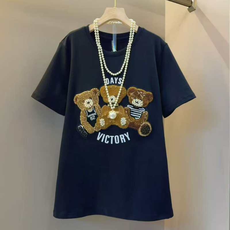 大码女装秋冬新款时尚卡通小熊短袖T恤女藏青色重工刺绣打底衫潮