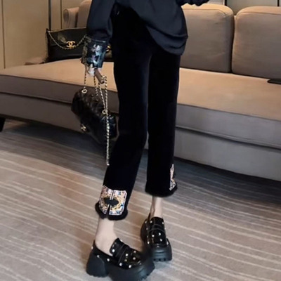 商务休闲裤高腰金丝绒九分裤