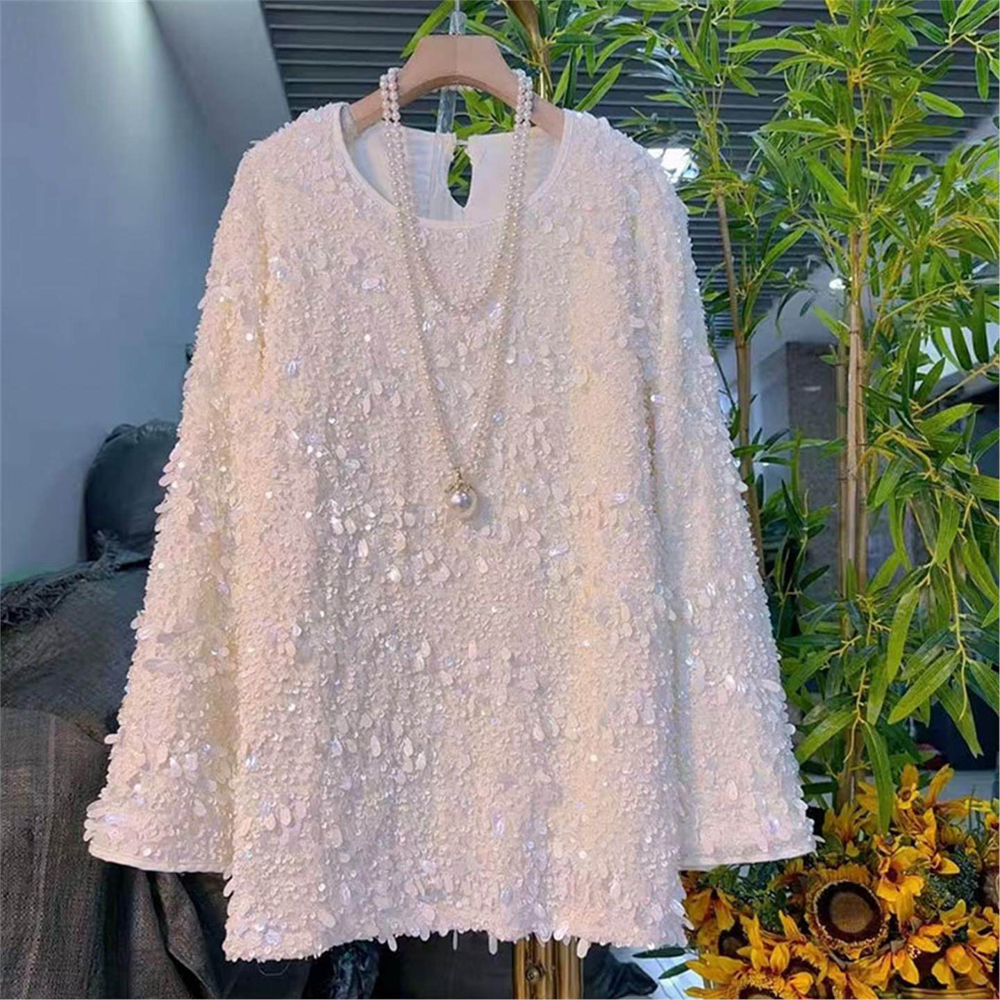 欧货大码女装2025秋冬新款轻奢洋气亮片毛毛长袖衬衫宽松衬衫上衣