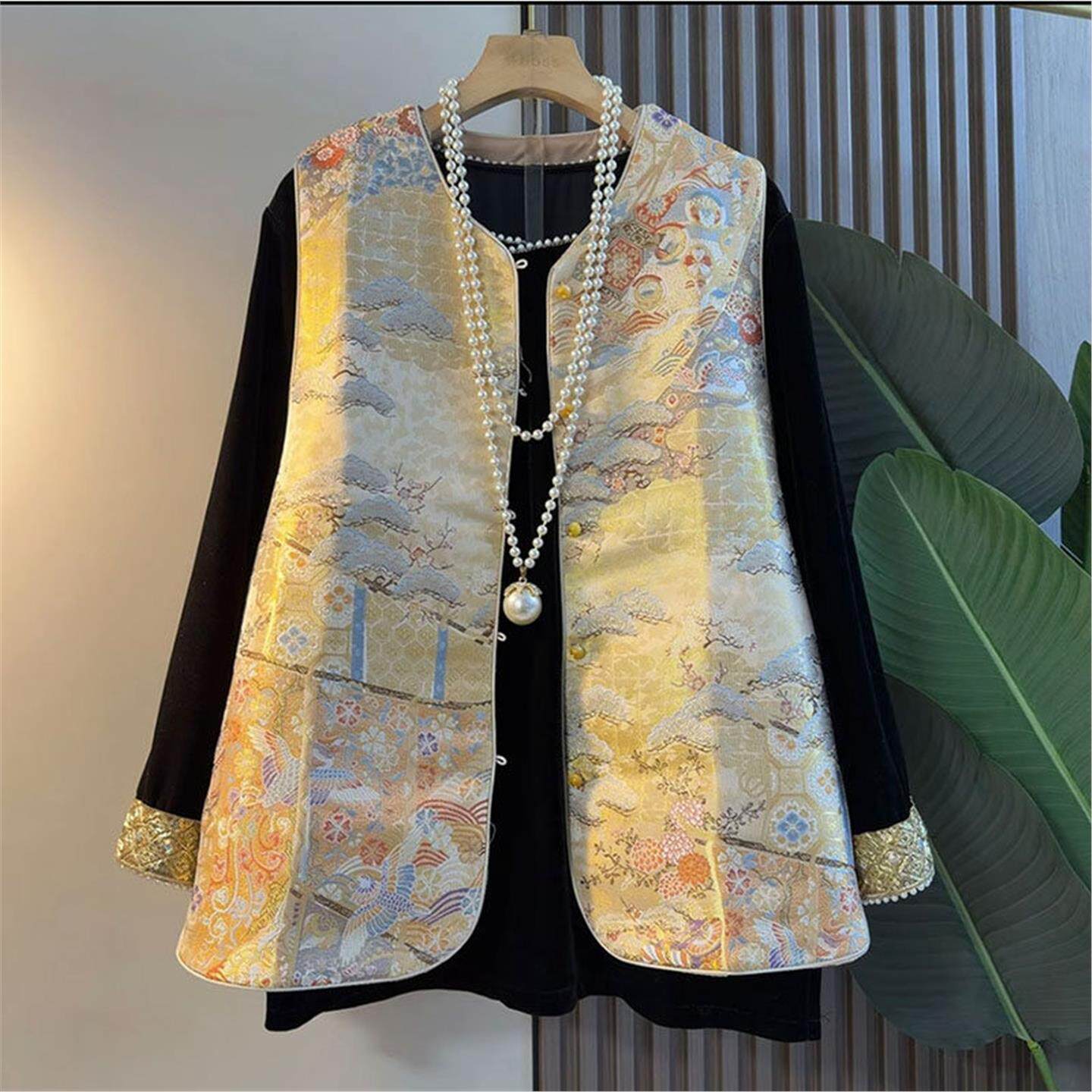 新中式大码女装2026春季款轻奢国潮风韵味提花盘扣马甲小衫两件套