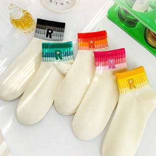 薄款 条纹袜子女短袜夏季 ins潮百搭学生刺绣短筒运动袜学院风白色