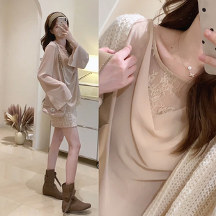 KD52香香软软姐感荡领蕾丝双层雪纺衫