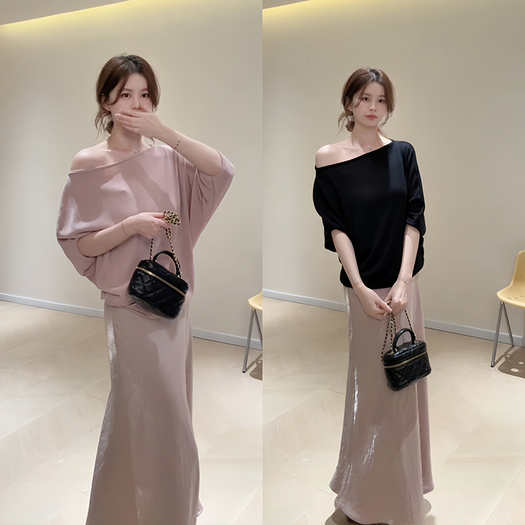 KA58气质斜肩蝙蝠袖冰丝针织小衫