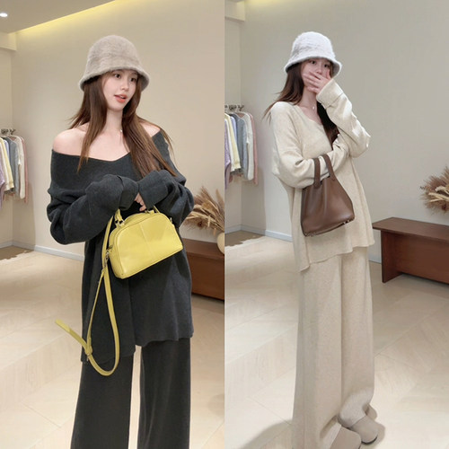 KG37v领可一字肩慵懒气质针织毛衣套装