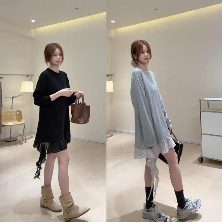 KD18飘带拼接设计长款打底T裙T恤